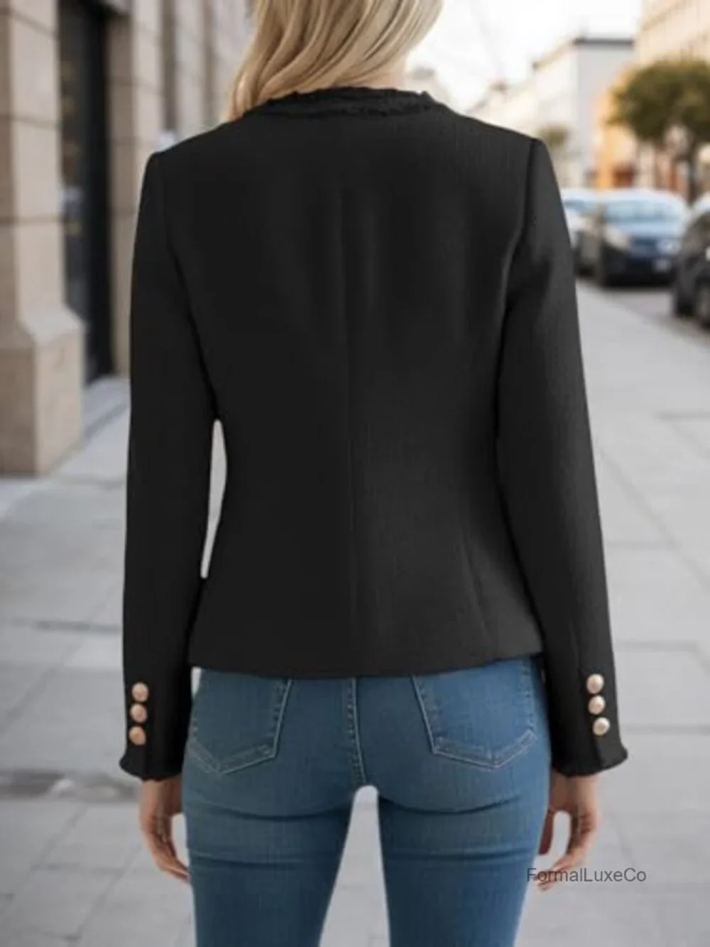 Tweed Blazer Jacket Crewneck Open Front Office Coat Pockets